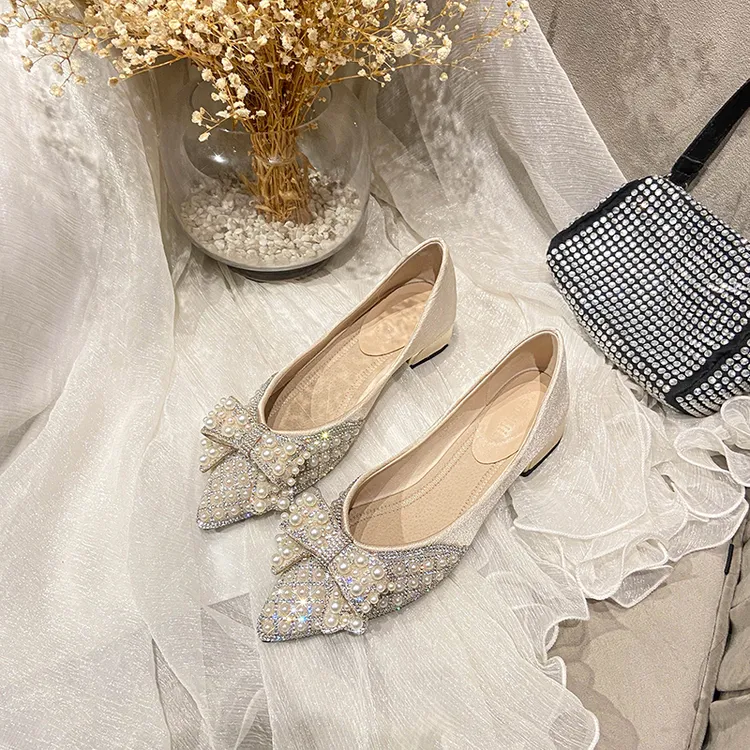 sendijia/森迪加鞋子浅口平底鞋方头蝴蝶结瓢鞋珍珠韩版尖头单鞋