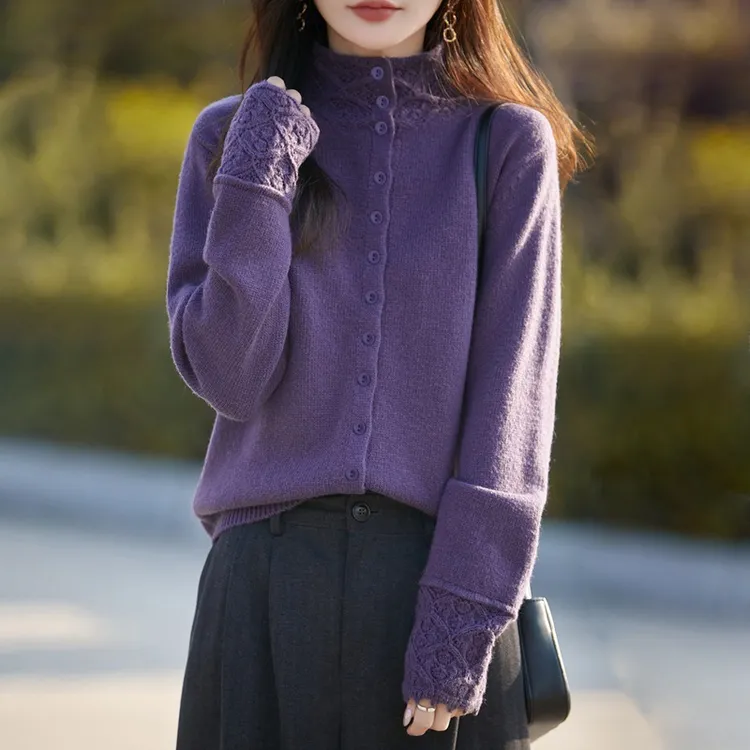 法式优雅风花边领针织开衫女秋冬新款高端钩花洋气加厚保暖打底衫