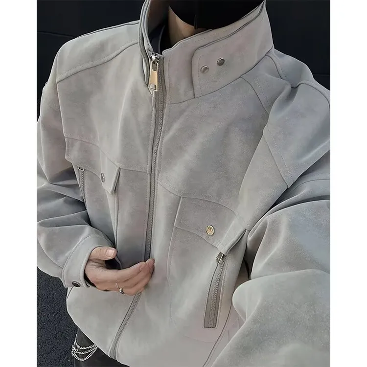 美拉德复古春秋外套PU皮衣机车服解构拉链立领夹克男百搭长袖