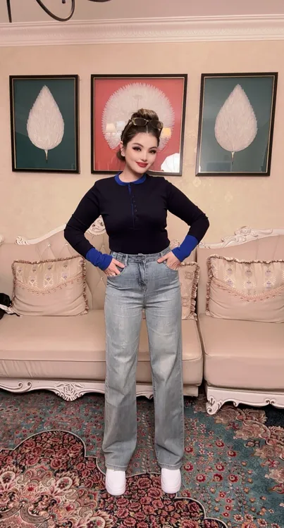 3720牛仔裤直筒裤冬季高腰裤子水洗长裤设计师宽松女士复古蓝色