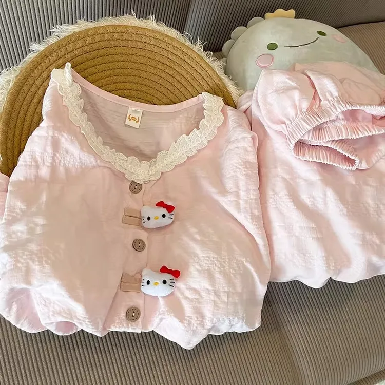 粉色KT猫带胸垫睡衣女款春秋季甜美可爱泡泡棉长袖长裤家居服套装