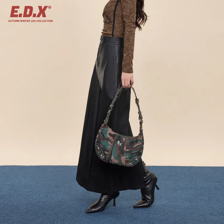EDX黑色加绒拼接皮半身裙女秋冬新款设计感小众加厚长裙开叉裙子