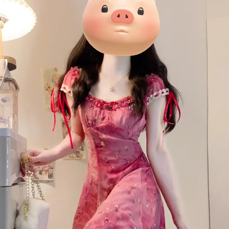 SS1507大码女装玫红色扎染刺绣长款方领收腰吊带连衣裙夏法式裙子