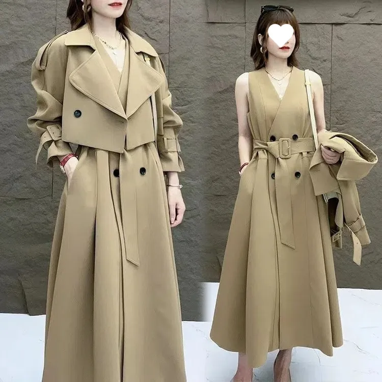时尚洋气休闲套装女春秋新款大码气质风衣外套背心连衣裙两件套潮