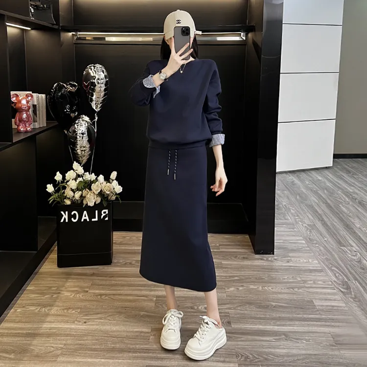深蓝色休闲运动套装女春秋绝美高级感女人味卫衣韩风卫衣套装裙