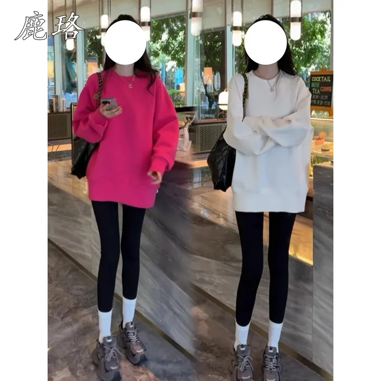 韩系慵懒风圆领加绒卫衣女冬季款2025新款爆款时尚洋气中长款上衣
