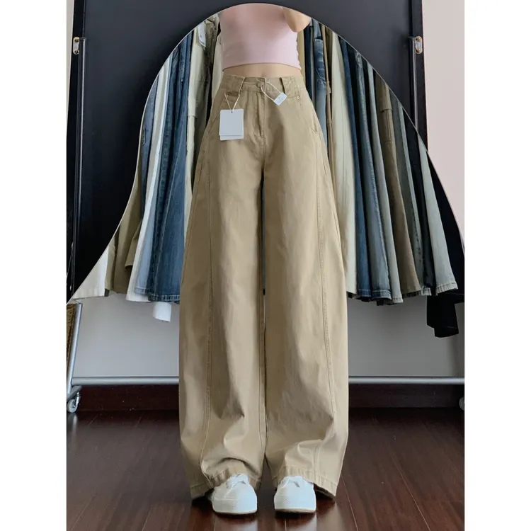 卡其色阔腿工装牛仔裤女2025秋季新款高腰宽松直筒百搭休闲弯刀裤