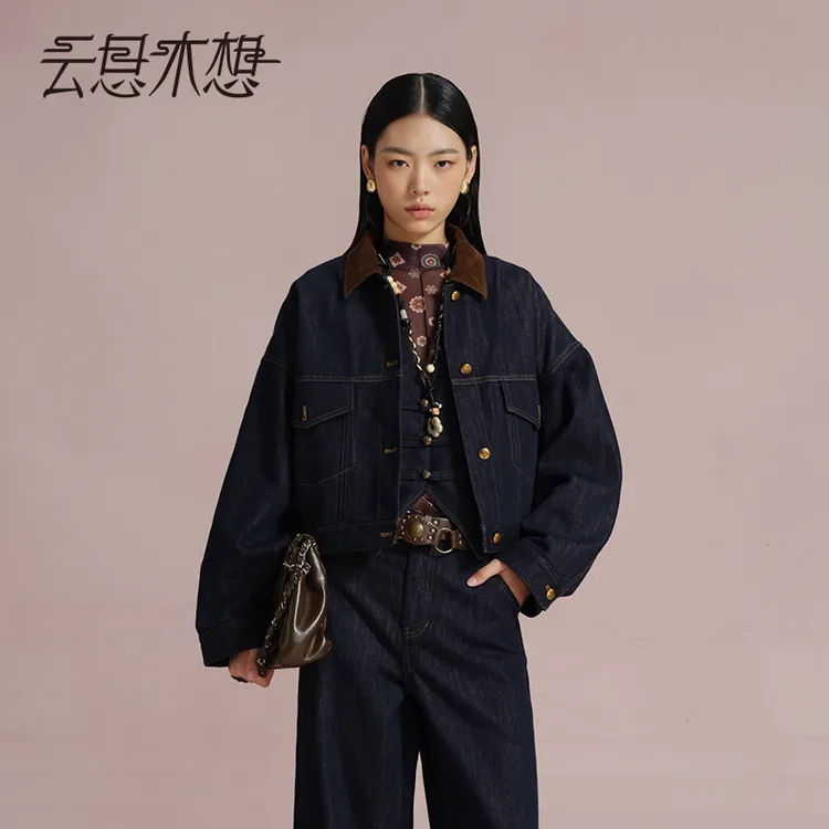 Ysimo-X云思木想 云淡风清 时尚灯芯绒领拼接牛仔宽松外套13828