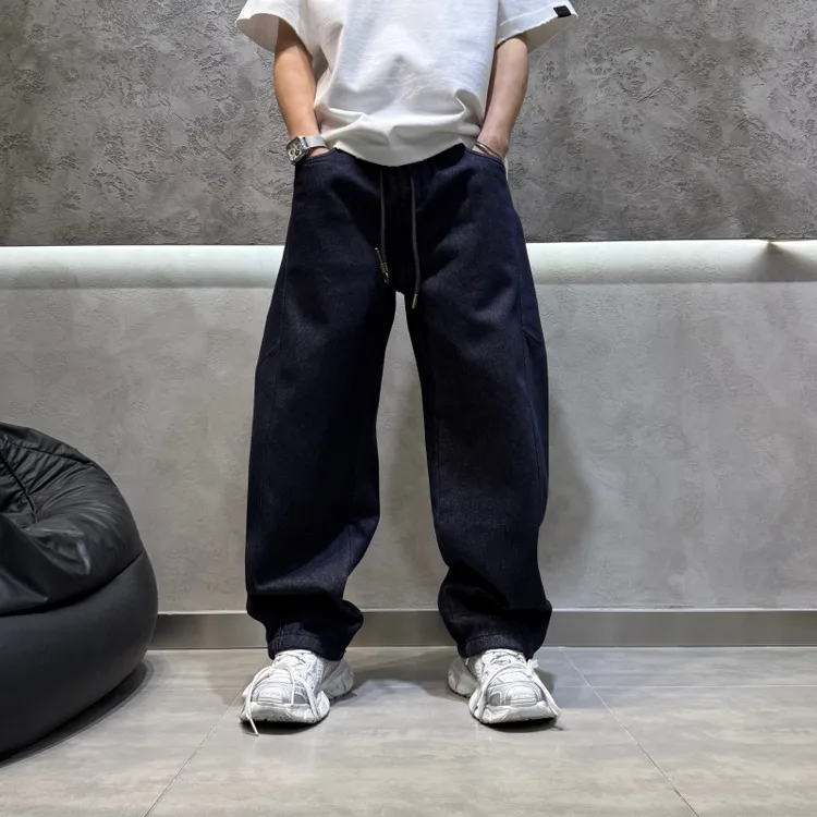 冬季男士普洗加绒直筒牛仔裤 男士极简弯刀牛仔裤美式宽松长裤男