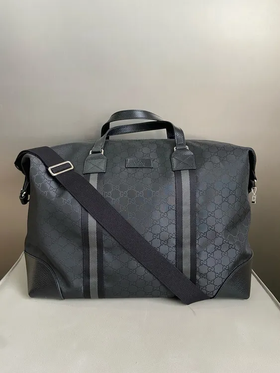 99新 GUCCI/古驰 黑花尼龙帆布45旅行袋健身包斜挎包hws180
