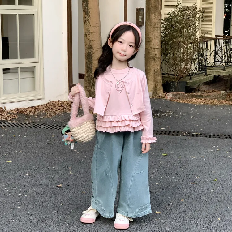 2025秋季套装女童韩版假两件T恤儿童洋气时髦上衣宽松时髦牛仔裤