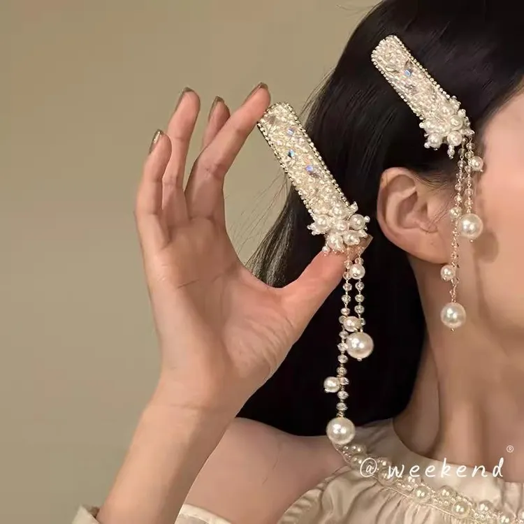 冰清美人~新款气质高级感珍珠流苏发夹新中式长款复古侧边夹发饰