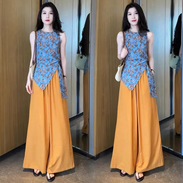 拉夏贝尔时尚套装女2025夏季质显瘦不规则碎花上衣阔腿裤两件套