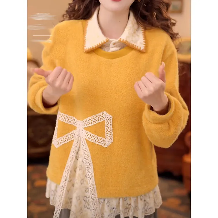 时尚复古港风假两件蕾丝拼接卫衣女2025冬季新款减龄宽松小众上衣