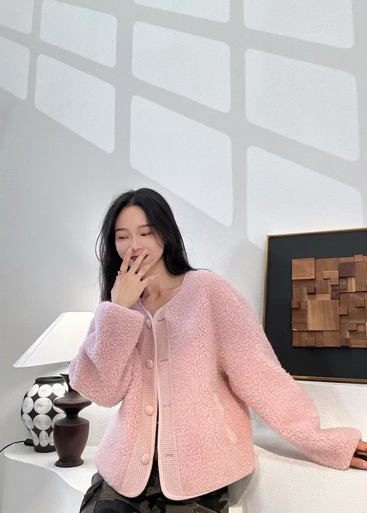 海宁女装皮草百搭韩系时尚小香风外套软糯颗粒羊毛短款夹克25911