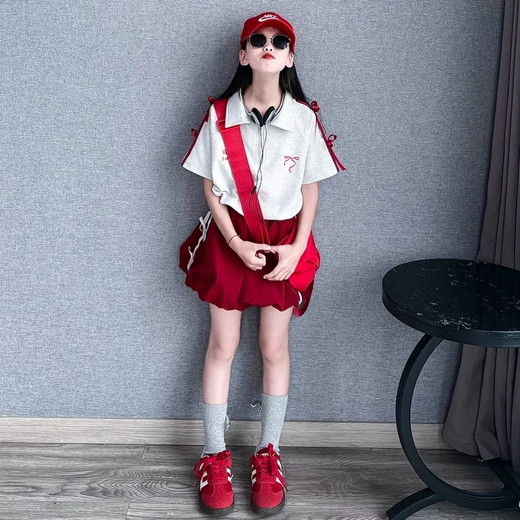 女童套装儿童上衣花苞半身裙裤2025夏新款大童洋气女孩时尚两件套