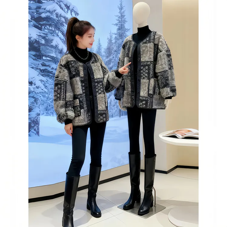 香朵儿【墨灰织章】复古小众撞色棉服外套女秋冬新款高级感保暖棉衣