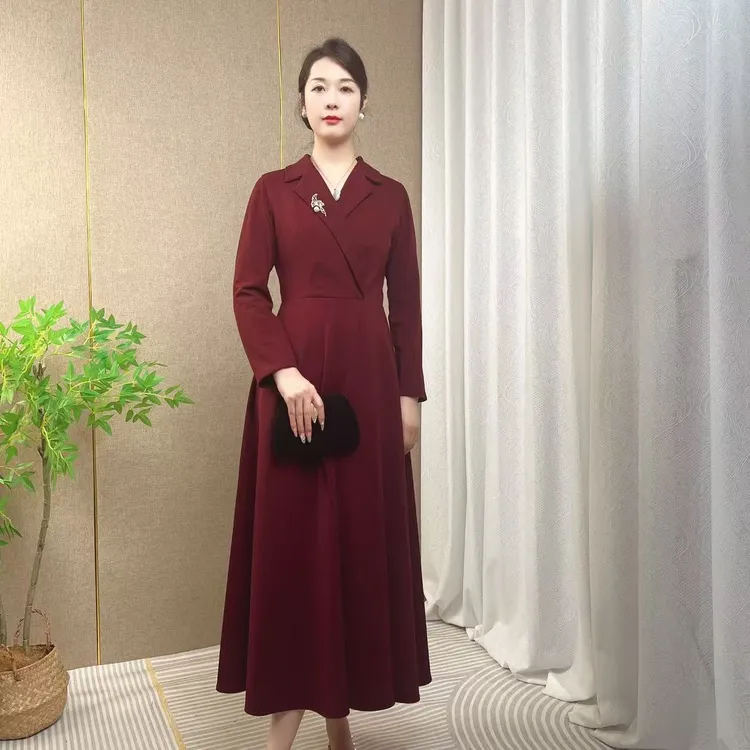 长裙长袖红色裙服装显瘦连衣裙长款X型裙喜妈妈喜婆婆高贵