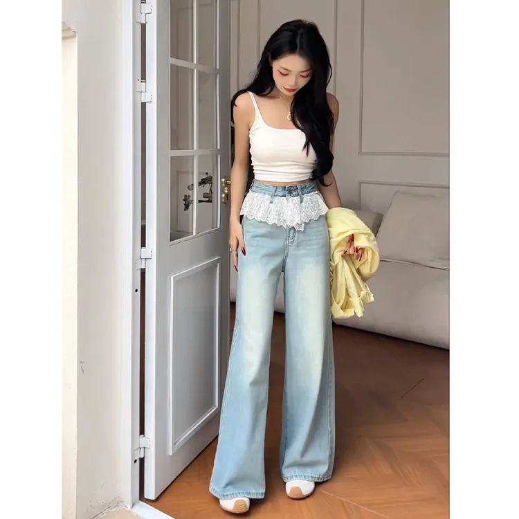 乔栈蕾丝花边宽松牛仔裤女2025年秋冬新款高腰显瘦拖地阔腿裤种草
