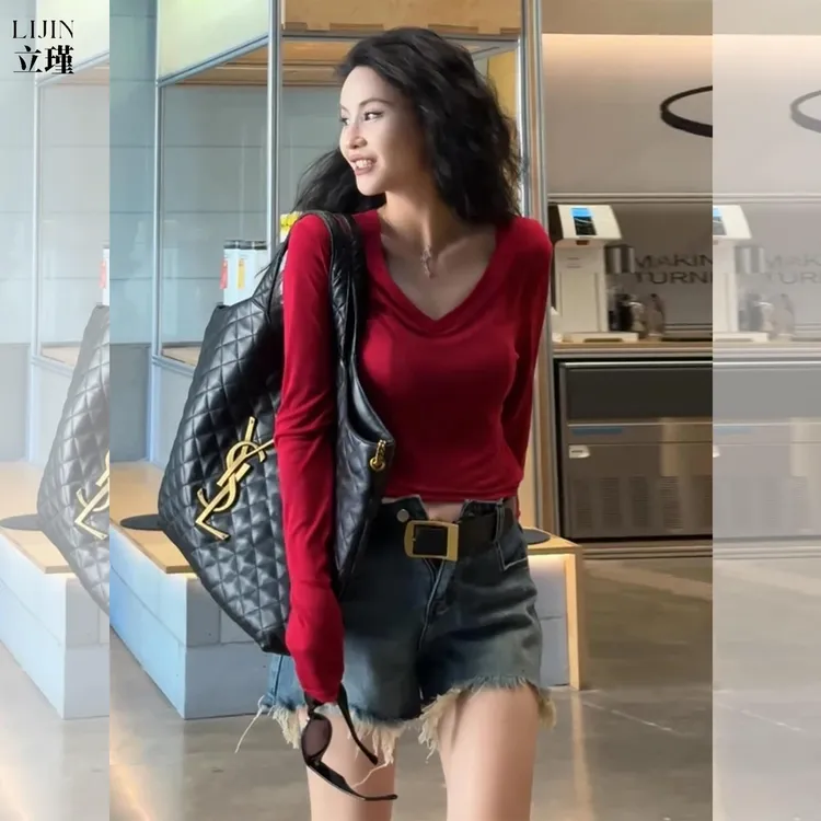 红色V领长袖T恤女薄款夏季外穿防晒衣罩衫超好看短款漂亮上衣早秋