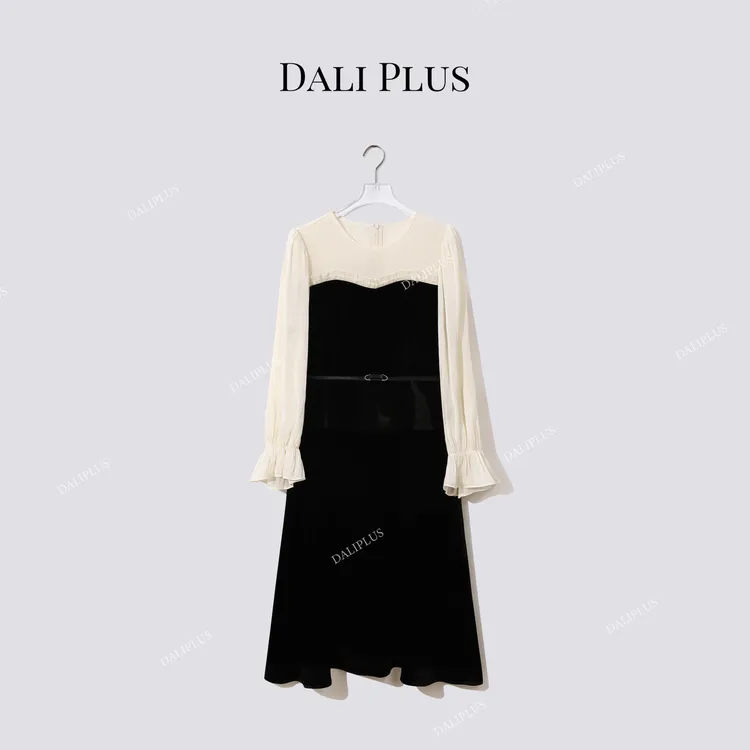 DALI PLUS“Lady连衣裙”100真丝丝绒抹胸拼接长袖连衣裙-D5XH0094