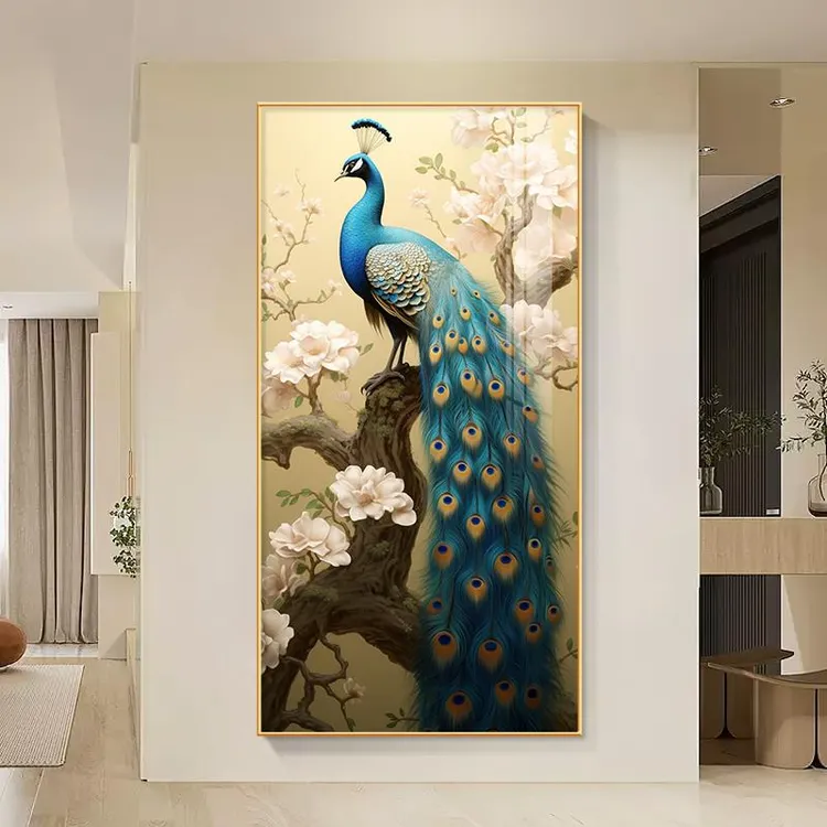 富贵孔雀挂画入户玄关装饰画新中式大气走廊过道背景墙竖版晶瓷画