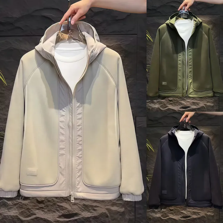 2025秋冬加厚摇粒绒连帽夹克外套男士时尚拼接百搭舒适保暖抓绒衣