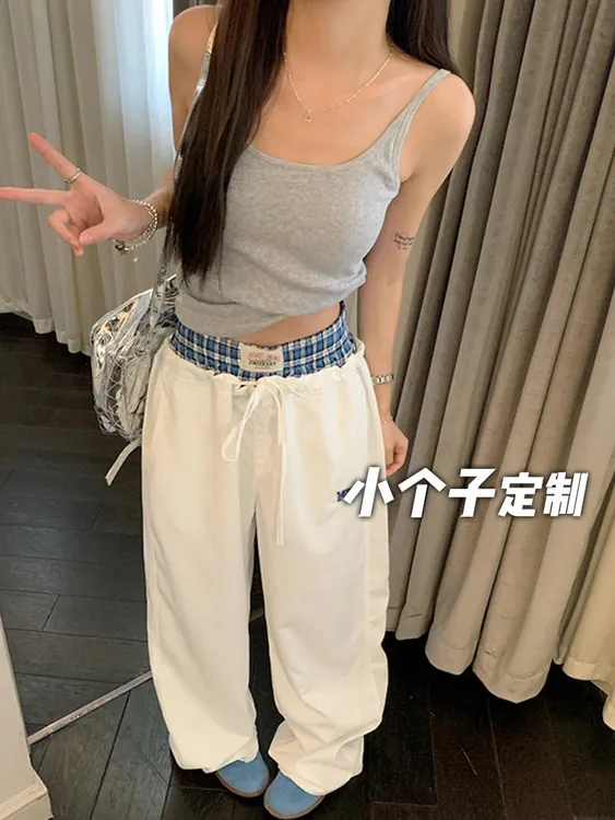 150小矮个子美式复古工装裤女秋假两件双腰头运动高腰直筒拖地裤