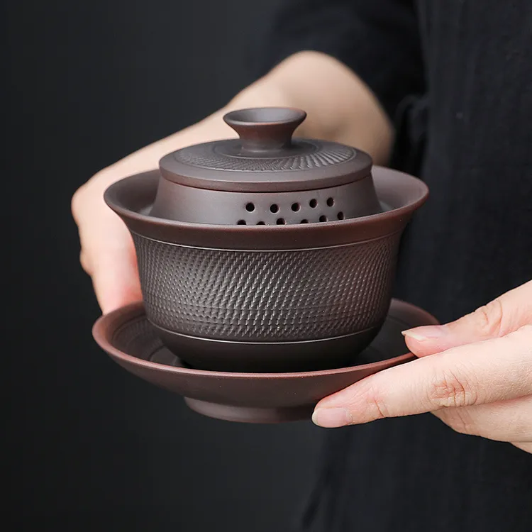 国潮主人杯全孔盖碗坭兴陶手工茶壶不烫手自带滤孔免茶漏茶具配件