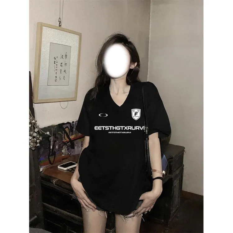 慵懒风美式复古V领黑色短袖t恤女夏季胖mm大码宽松显瘦松弛感上衣