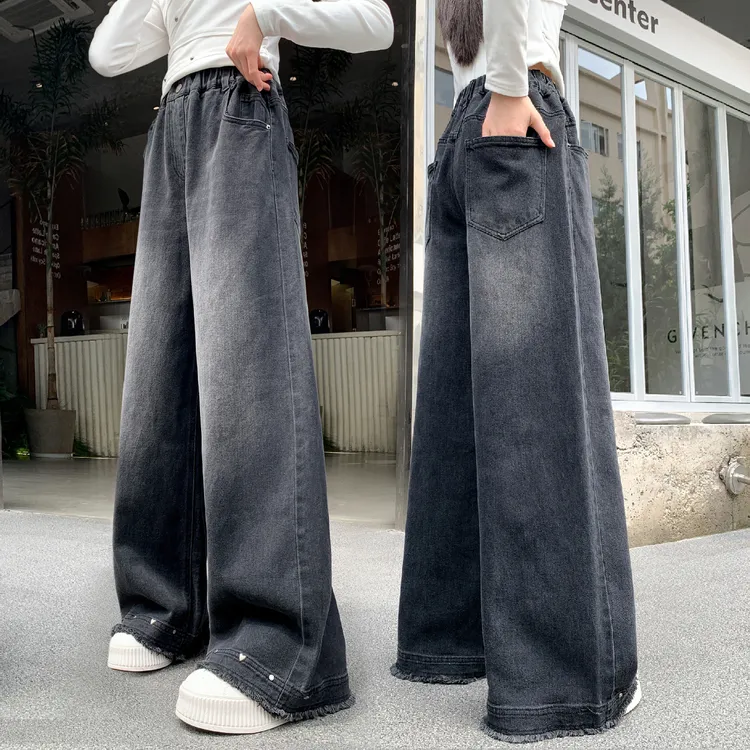 女童裤子阔腿长裤儿童牛仔裤女孩黑色中大童长裤宽松直筒大码春秋