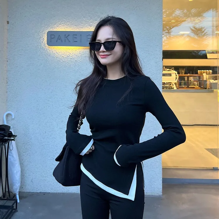 浪莎假两件长袖T恤女2025春秋新款撞色拼接不规则修身打底衫上衣