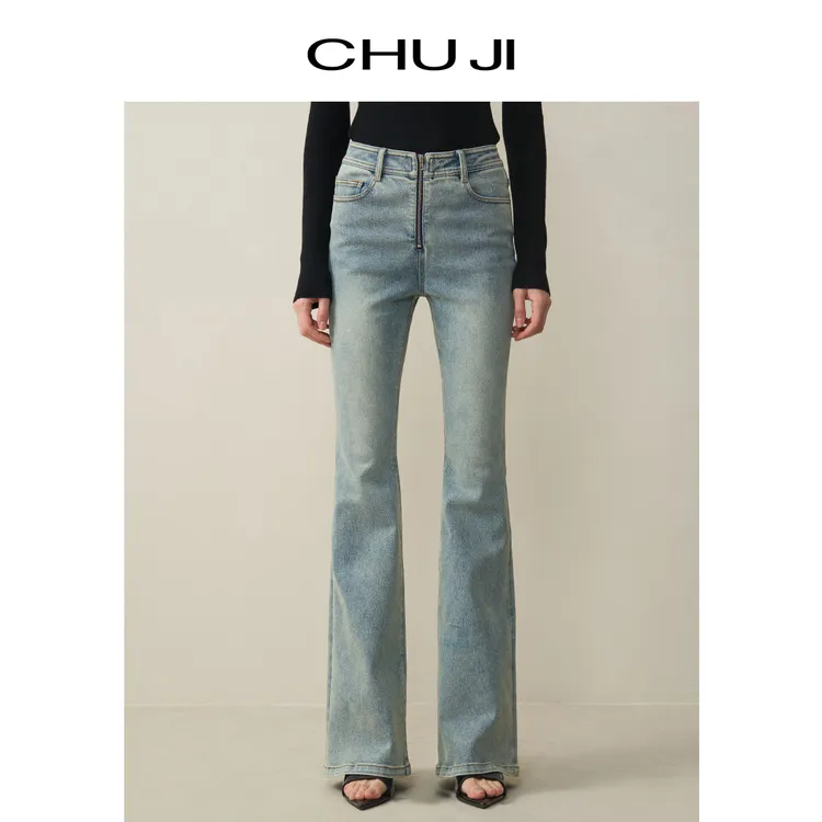 Chuji/出迹高腰微喇牛仔裤女2025春季收腰显高显瘦喇叭裤E1Y2066K