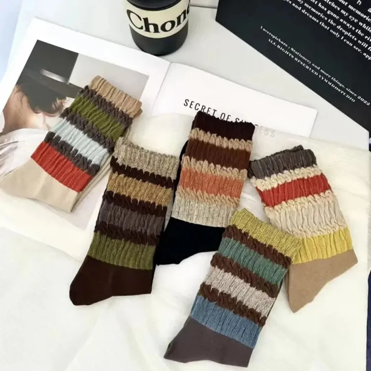 【秋冬上新】慵懒风运动潮款条纹彩虹复古高筒袜韩版ins堆堆袜时尚