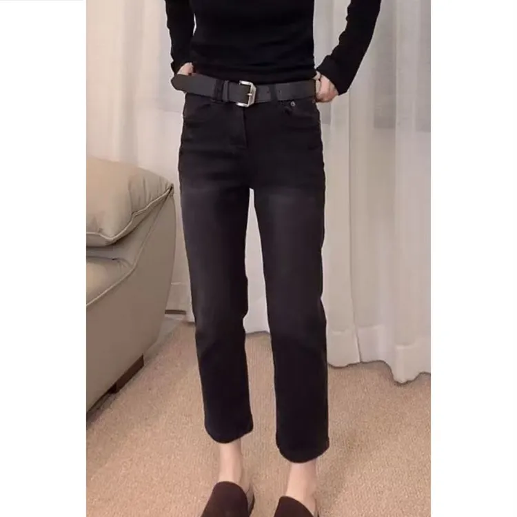 艾塔莉秋季新款弹力牛仔裤直筒裤高腰烟管裤直筒裤九分百搭修身女
