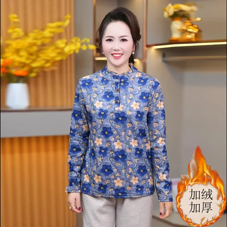 妈妈秋装碎花打底衫时尚中老年女秋冬长袖上衣洋气加绒印花小衫