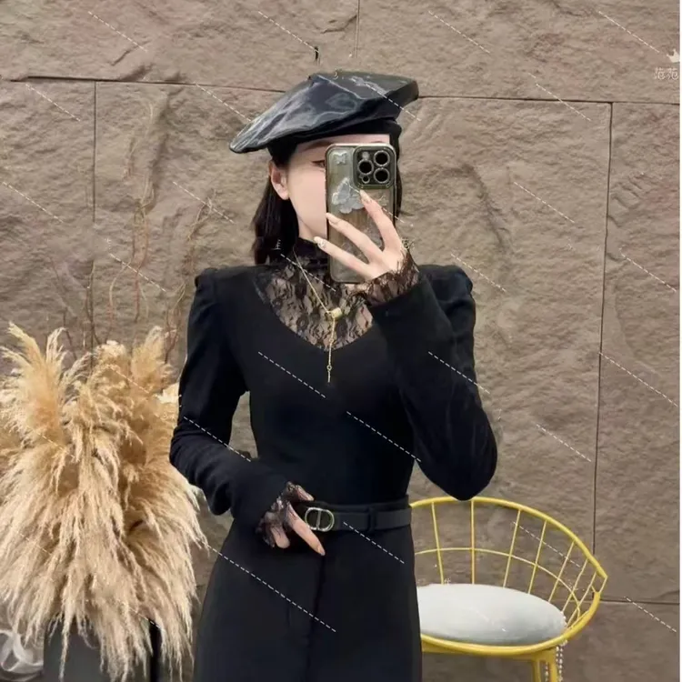 2025冬季新款双面绒时尚半高领拼接蕾丝修身显瘦上衣T恤-8063