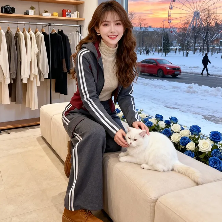 2025年灰色休闲运动套装女韩版洋气拼接外套弯刀裤秋季穿搭一整