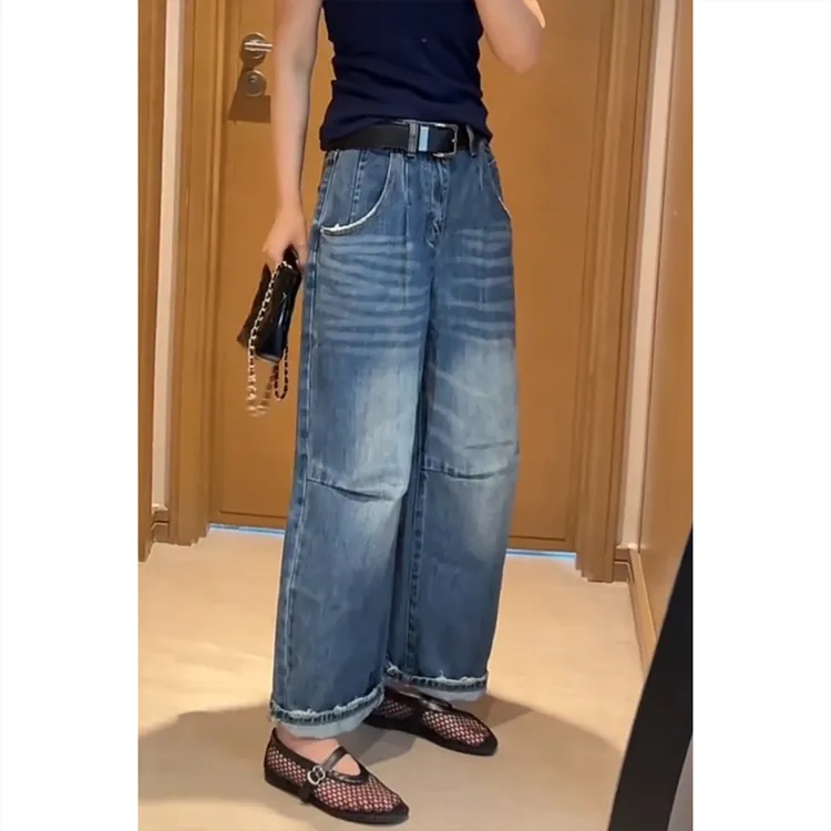 艾塔莉阔腿裤显瘦牛仔裤子女夏季新款萝卜裤时尚胖mm百搭弯刀裤