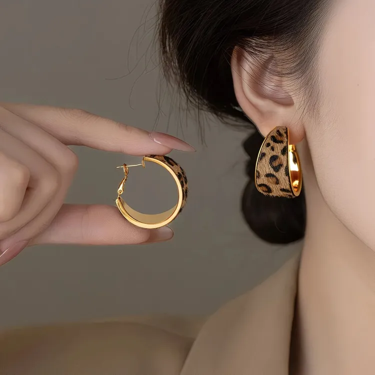 豹纹圆圈耳圈耳环女几何宽边小众设计秋冬高级感耳钉时尚气质耳饰