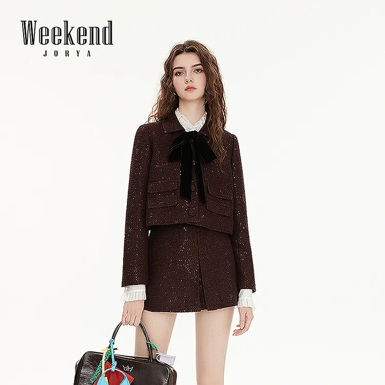 卓雅周末25新款巧克力亮片丝绒蝴蝶结外套短裙套装R200665A