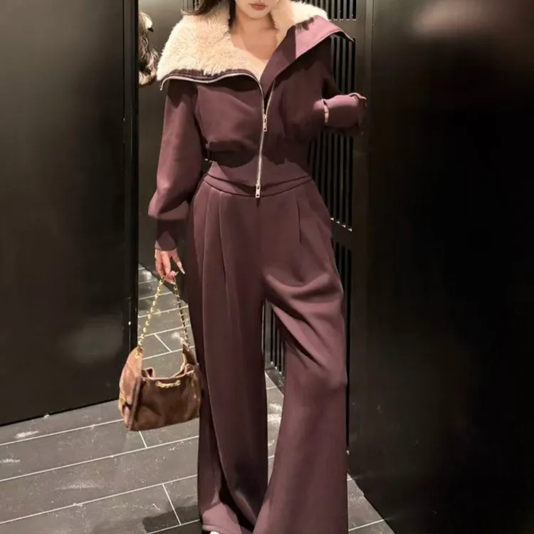 秋冬季慵懒松弛感大毛领长袖开衫加绒卫衣阔腿卫裤两件套装