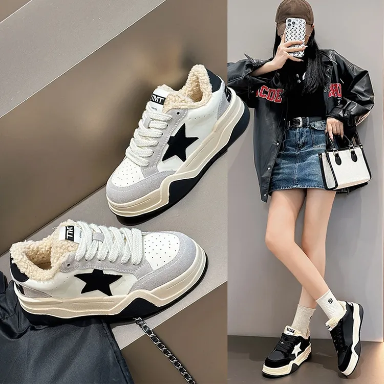 羊羔毛星星小白鞋子女2025秋冬新款加绒保暖棉鞋韩版百搭休闲板鞋