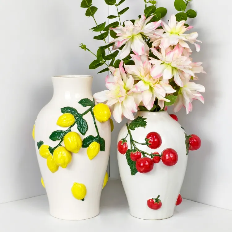 北欧风西红柿柠檬水果浮雕花瓶陶瓷插花玄关摆件养花家居装饰品