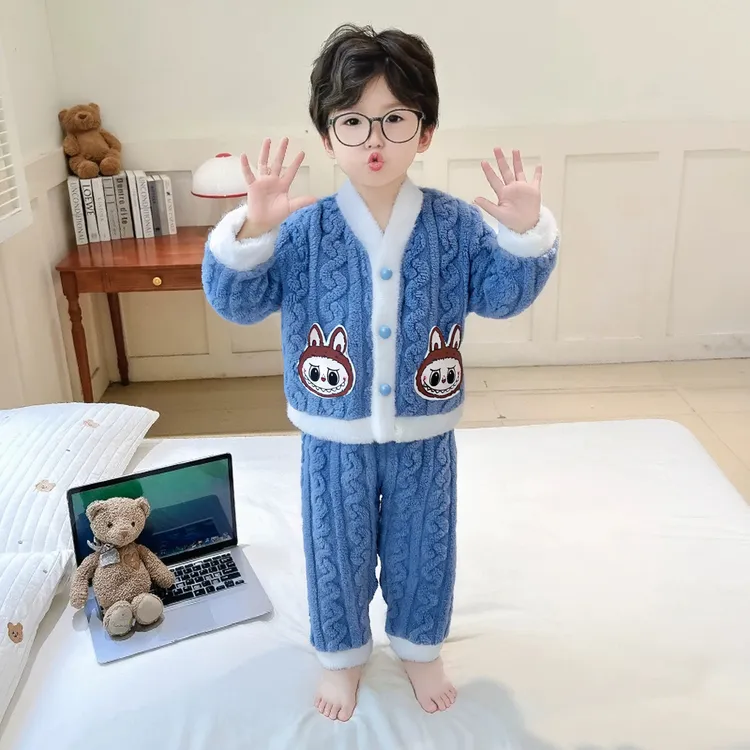 睡衣儿童新款冬季男童女孩提花法兰绒加厚宝宝小中大童家居服套装