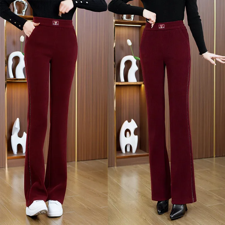 安哥拉红加绒微喇裤女秋冬2024年新款小个子加厚松紧腰直筒休闲裤