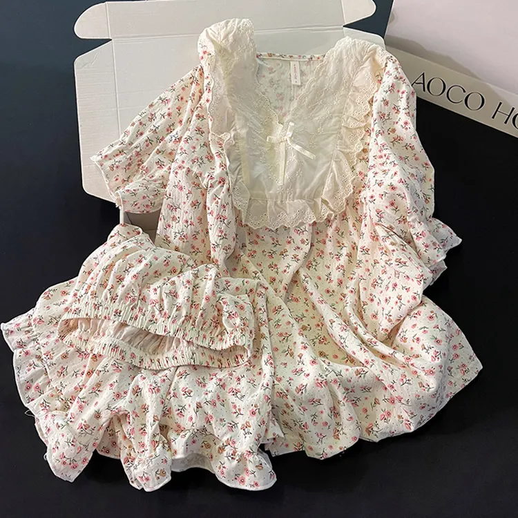 睡衣女生新款夏季网红风甜美短袖短裤红色小碎花可外穿家居服套装