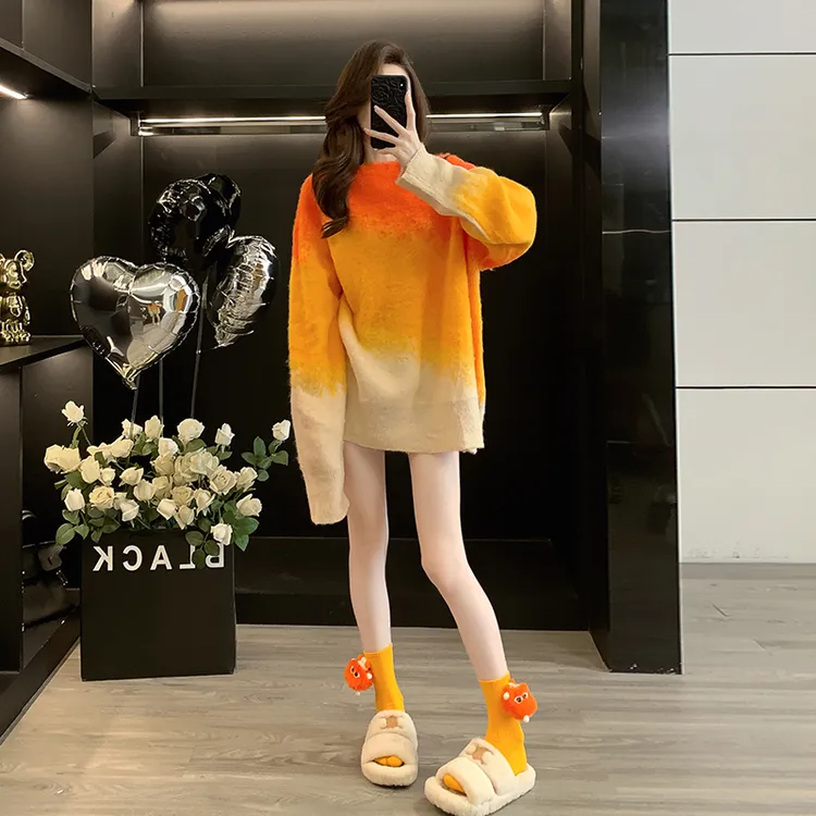 网红洋气慵懒风橙色渐变毛衣女秋冬韩版减龄宽松显瘦百搭针织毛衫