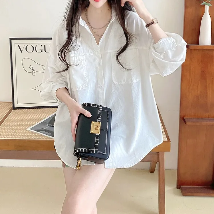 春季新款女式POLO领开衫纯色拼接宽松显瘦纯棉韩版简约时尚衬衫潮