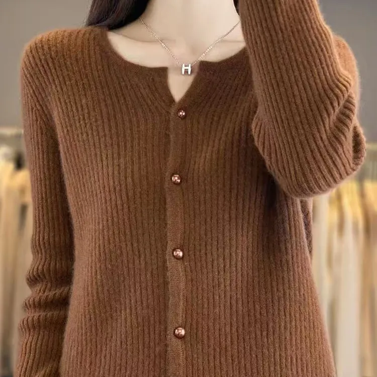 2025秋冬新款女士圆领坑条修身开衫外套显瘦百搭上衣秋季软糯针织